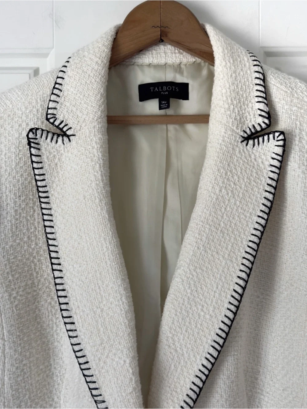 Talbots Tweed Blazer 14W Cream Black Whipstitch Jacket Classic Office Cotton